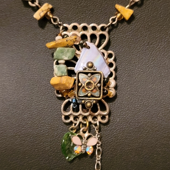 Estate Stone, Glass & Shell Charm Dangle Necklace - Picture 4 of 6